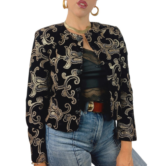 80's black velvet and gold blazer by NORTON McNAUGHTON Petites - Picture 7 of 12